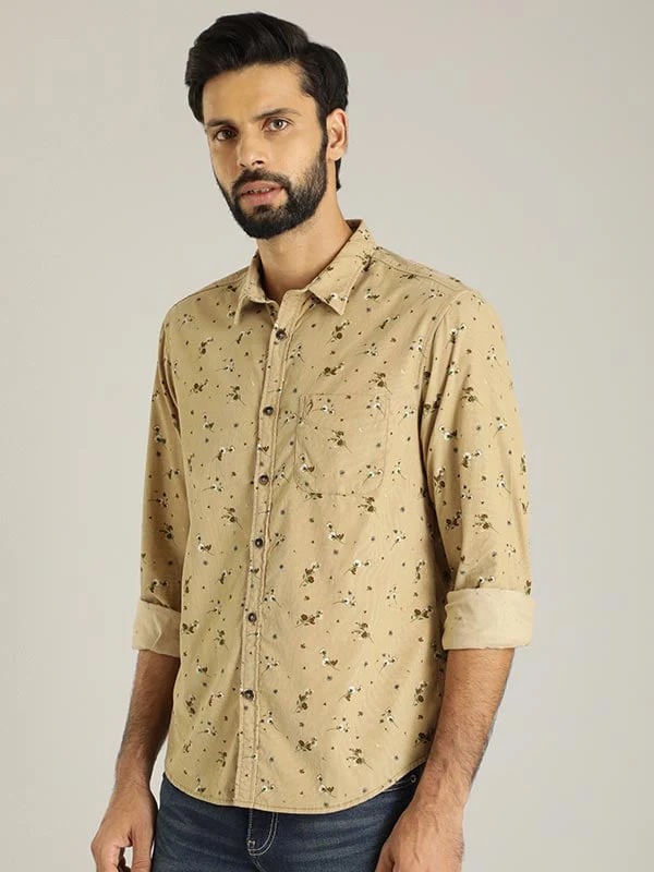 Indian Terrain Men Floral Print Khaki Shirt